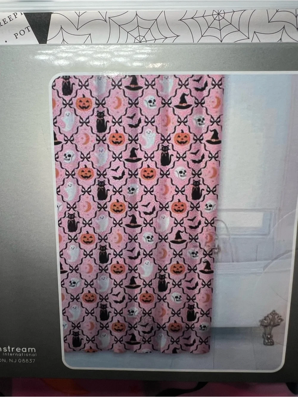 Pink Halloween Peva Shower Curtain Black Ribbon Bows Ghost Pumpkin Cat Witch Hat